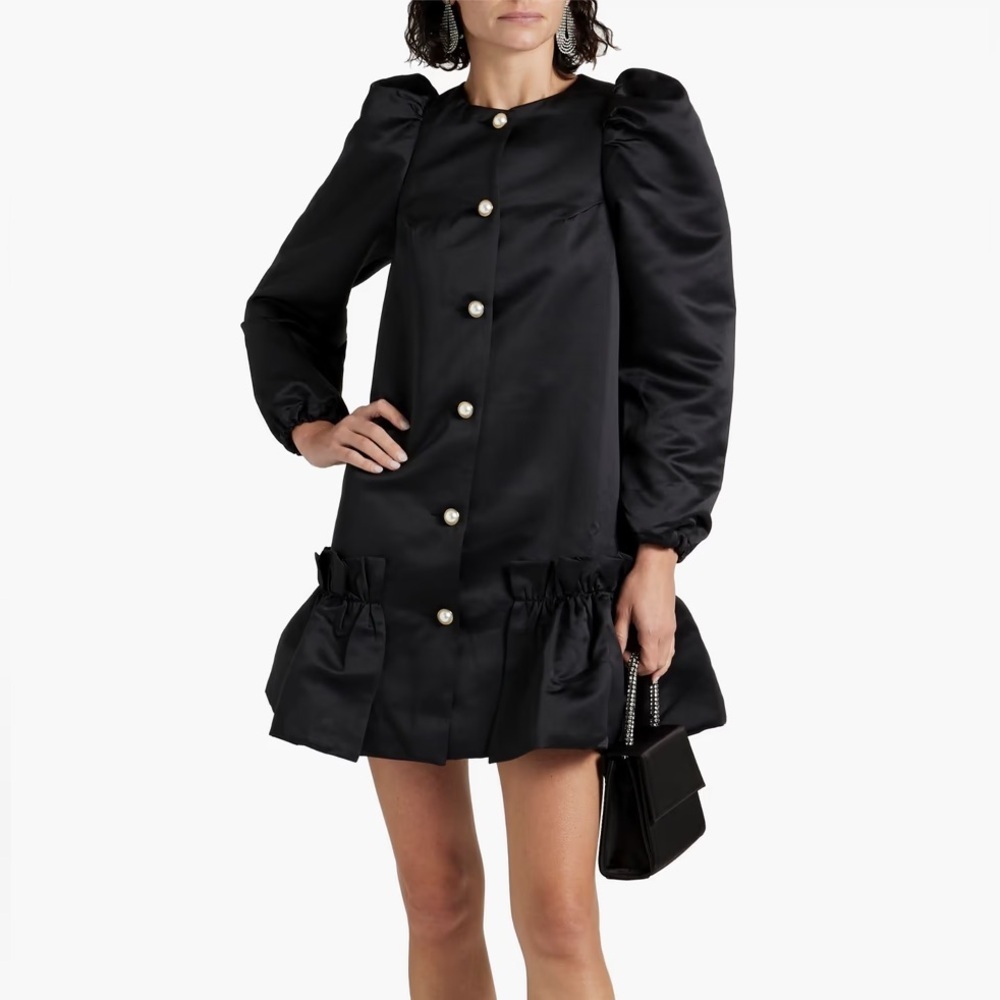 Sleeper Mystery Satin Puff Mini Dress Pearl Buttons Black Ruffle L